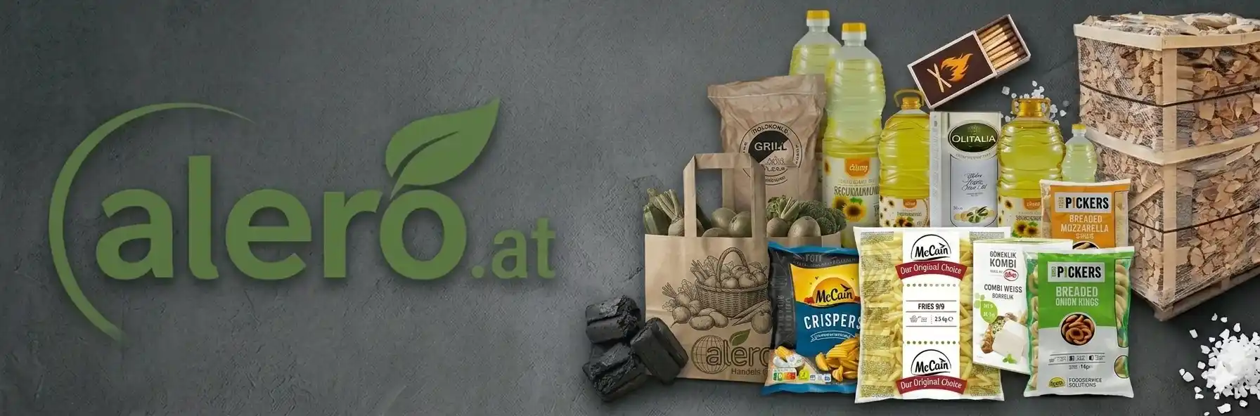 Alero Sortiment: Olivenöl, Sonnenblumenöl, McCain Tiefkühlprodukte, Holzkohle, Brennholz und Tragetaschen